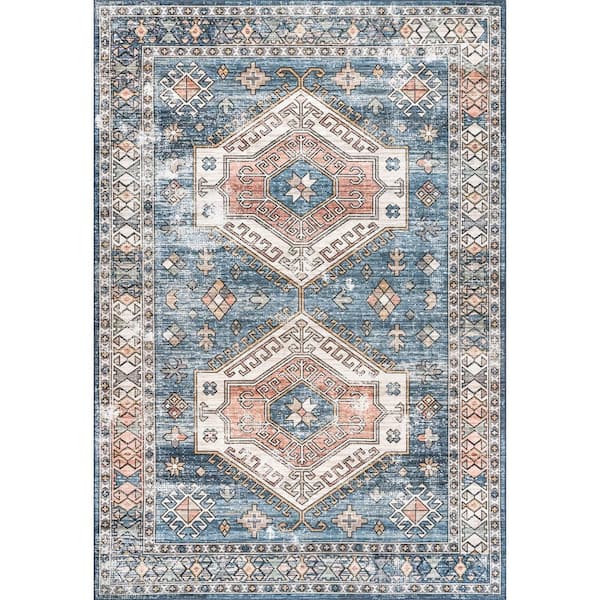 Mae Machine Washable Tribal Motif Blue 4 ft. x 6 ft. Indoor Area Rug