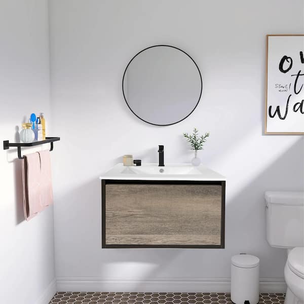 ANGELES HOME 24 in. W x 18 in. D x 15 in. H Wall-Mounted Bath Vanity in Wax Oak with White Ceramic Top