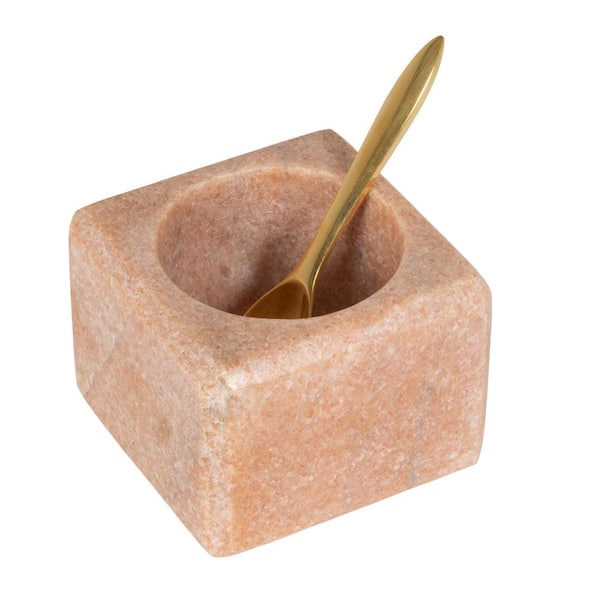 3 in. 11.2 fl. oz. Pink Marble Salt Serving Bowl with Gold Stainless Steel Spoon (Set of 2)