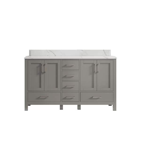 Willow Collections Malibu 60 in. W x 22 in. D x 36 in. H Double Sink Bath Vanity in Gray with Cove Edge Calacatta Quartz Top