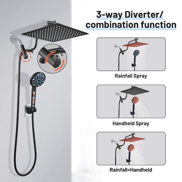 9-Spray Patterns Rainfull 2-in-1 Adjustable Fixed Shower Head with Filter 1.8 GPM and Handheld Shower Head in Black