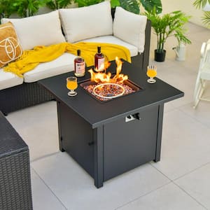 32 in. Square Propane Gas Outdoor Fire Pit Table with Glass Stones Rain Cover 50,000 BTU