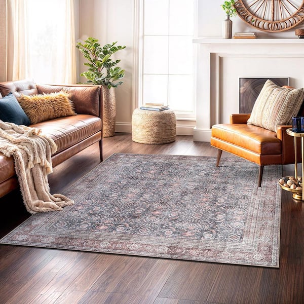Vintage Inspired Machine Washable Non Slip Charcoal 6 ft. 7 in. x 6 ft. 7 in. Square Area Rug