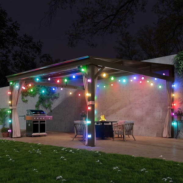 12 ft. x 14 ft. Aluminum Frame Wall-Mounted Galvanized Steel Hardtop Lean to Gazebo with Curtains and Netting