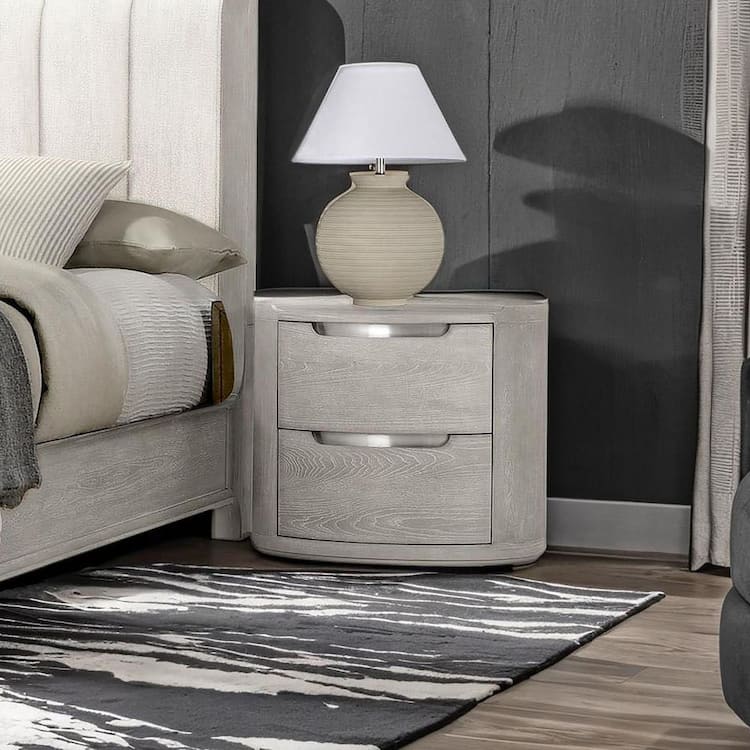 Furniture of America Wilter Light Gray 2-Drawer 28 in. W Nightstand with Rounded Edges and Nickel Finish Stainless Steel Trim