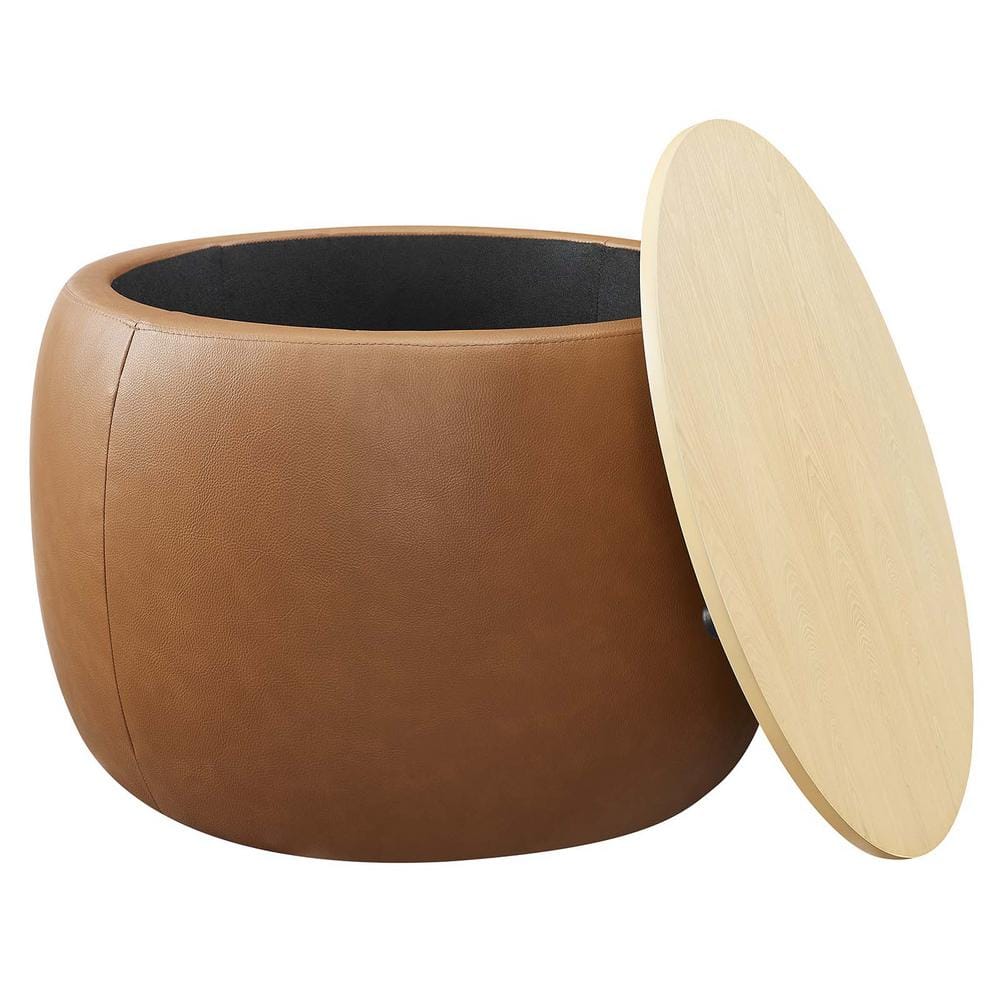 Tan Round Vegan Leather Storage Ottoman with Tray Lid