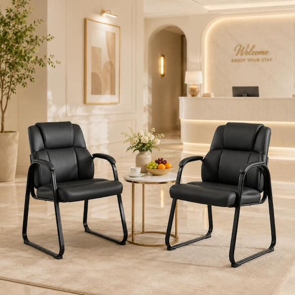 Comfy PU Leather Reception Guest Chair Set of 2,  Stationary Chair  with Sled-Base & Padded Arms, Black
