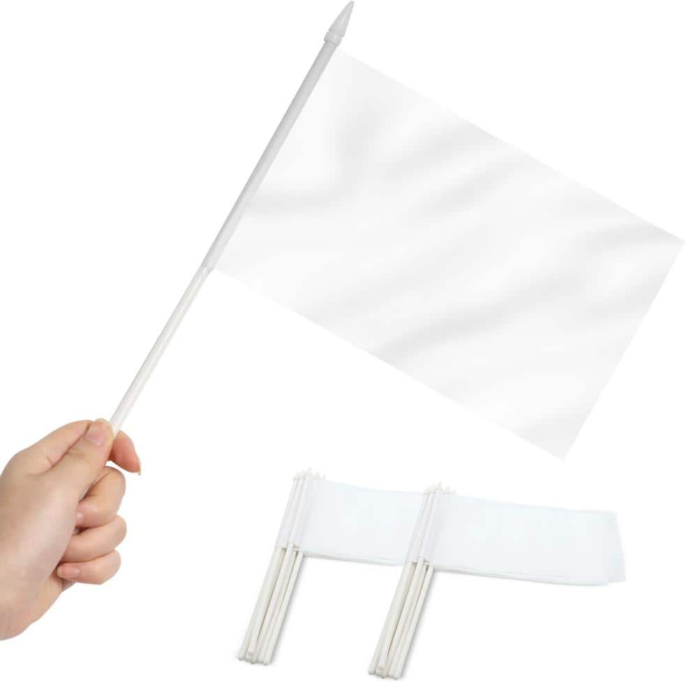 White Mini Handheld Polyester Flags with Plastic Sticks, 5x8 Inch, 12 Pack
