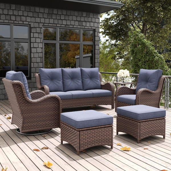 6-Piece Wicker Outdoor Patio Conversation Seating Set Sectional Sofa with Swivel Rocking Chair and Navy Blue Cushions