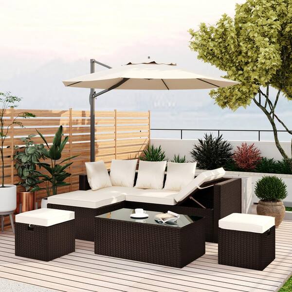 Harper Bright Designs Small Size 5 Piece Brown Wicker Outdoor Sectional Set With Beige Cushions Fg201806aaa The Home Depot Harper Bright Designs Small Size 5, Small Outdoor Sectional