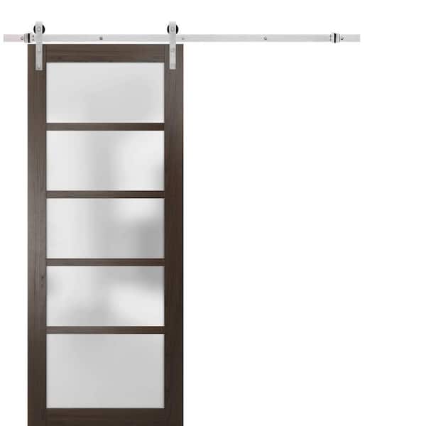 Assembly Required 36 in. x 80 in. 1-Panel Frosted Glass Chocolate Ash Wood Sliding Barn Door with Hardware Kit