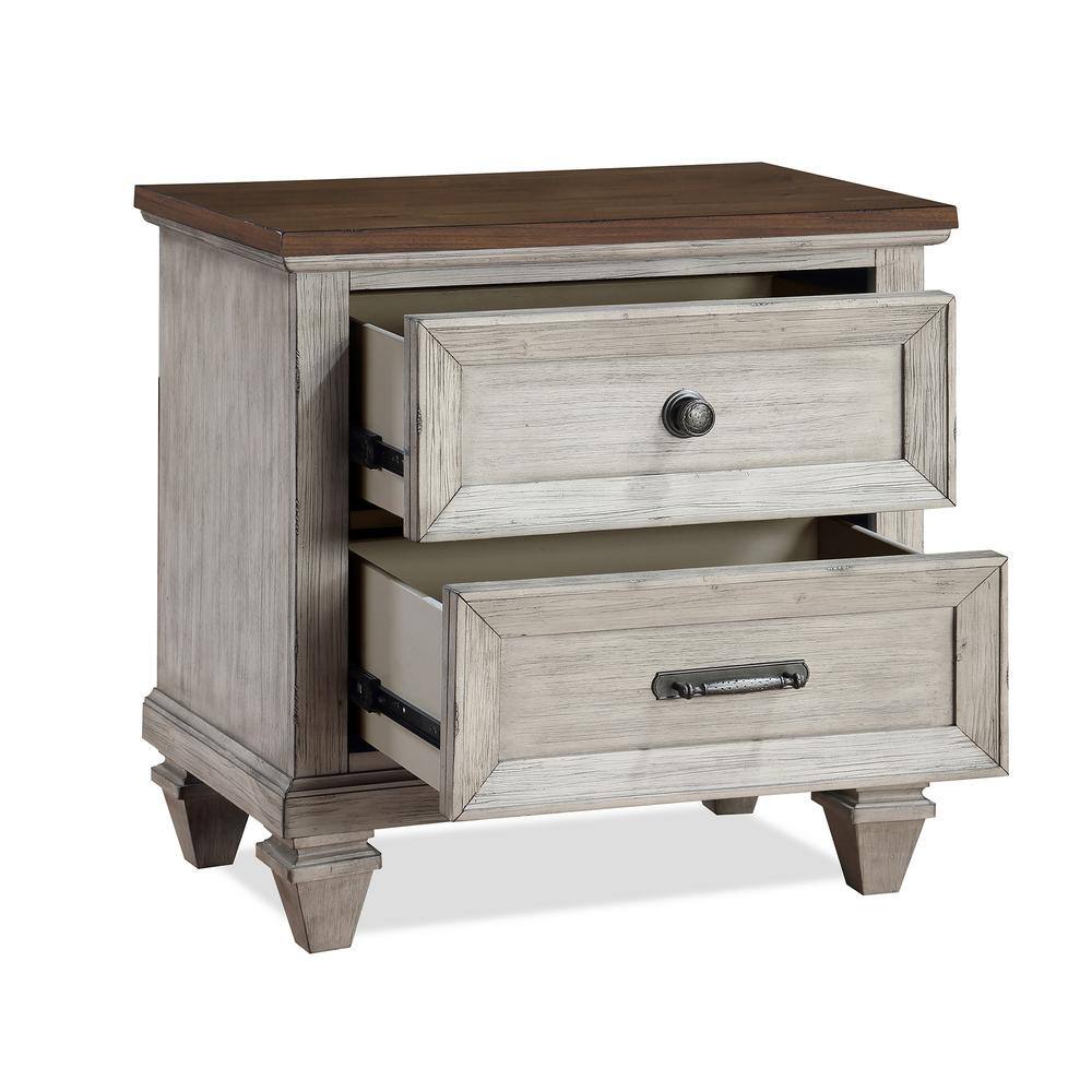 Mariana Vintage Cream and Brown 2-Drawer Solid Wood Nightstand