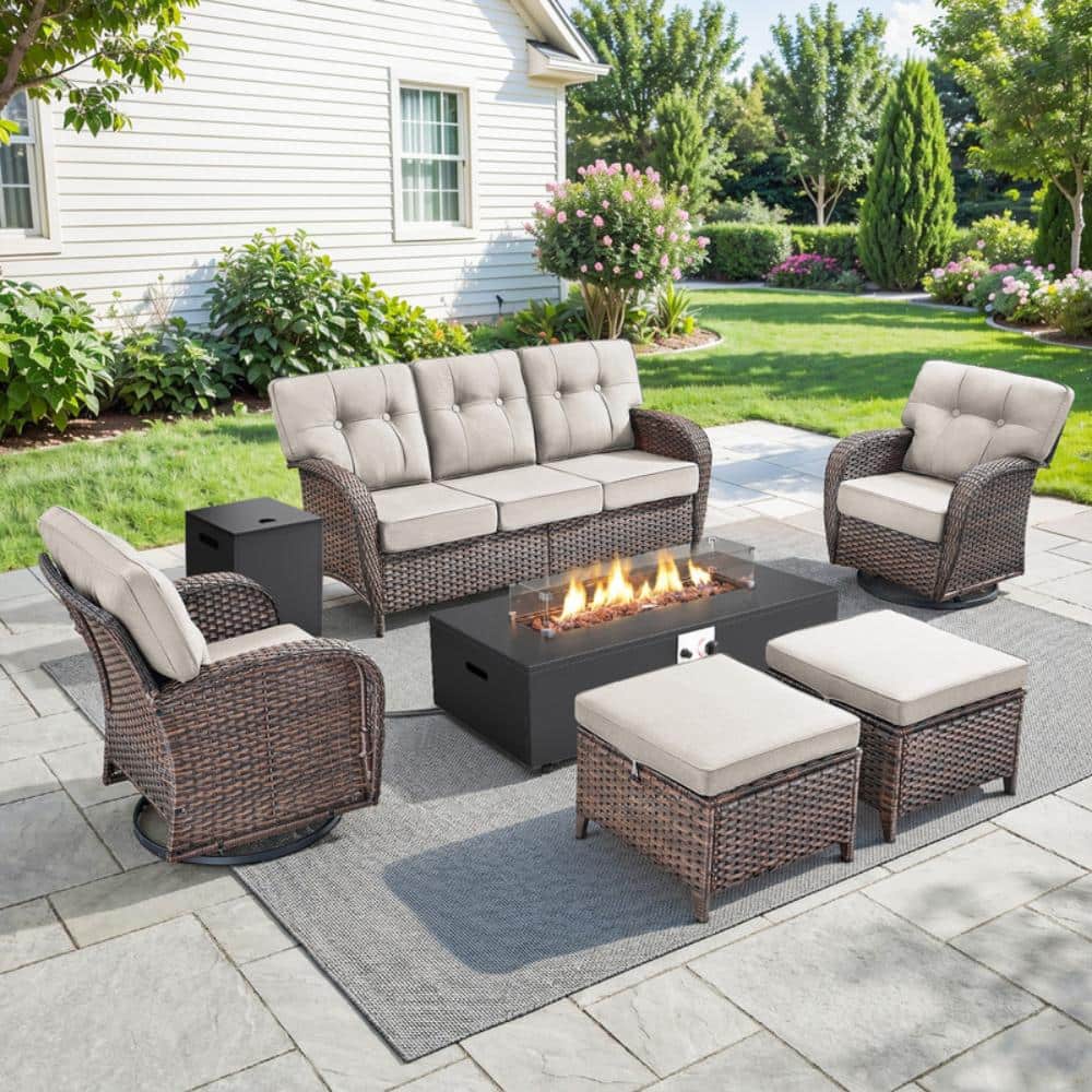Tidalis 7-Piece Wicker Patio Conversation Set, Swivel Chair with 43 in. Fire Pit Table and Tank Holder Beige Cushions price history on PriceWatchPro