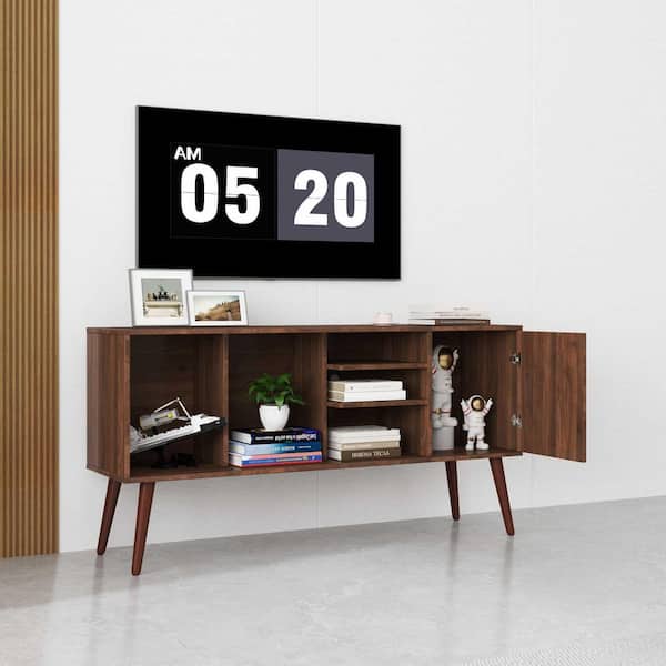 Walnut TV Stand Fits TV's Up to 55 in. with 1-Storage and 3-Shelves Cabinet