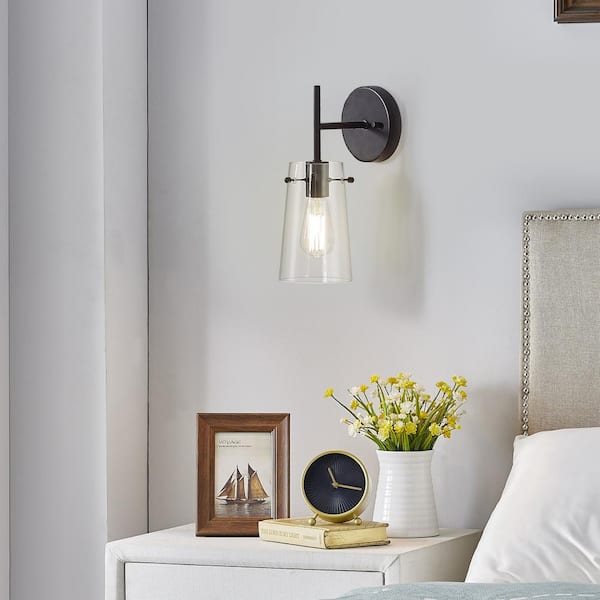 1-Light Blackened Bronze Armed Wall Sconce with Clear Glass Shade