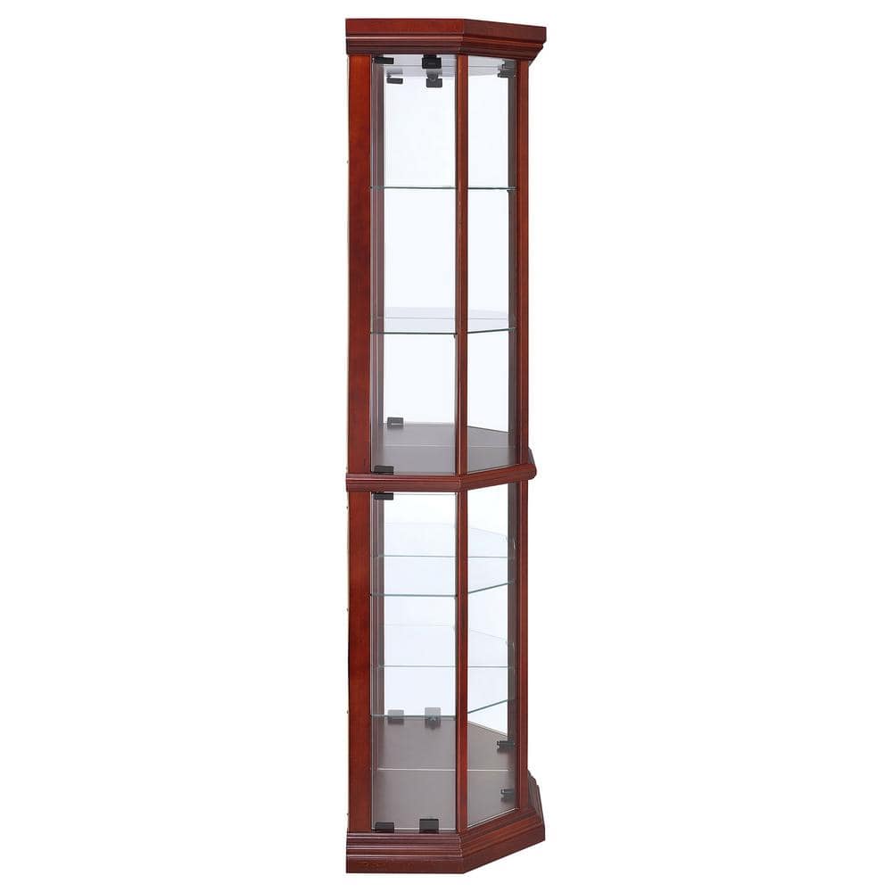Medium Brown Lighted Corner Curio Cabinet with Glass Shelves