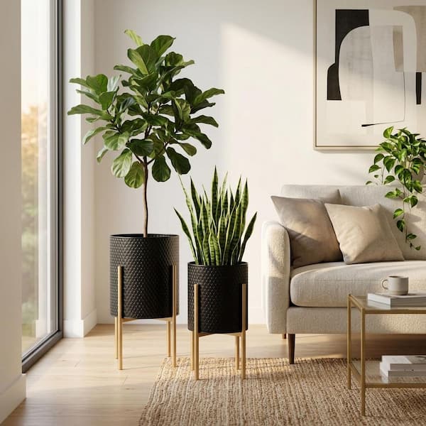 11 in. and 14 in. Black Metal/Iron Textured Decorative Planters with Stand (14 in. W x 23 in. H) Set of 2
