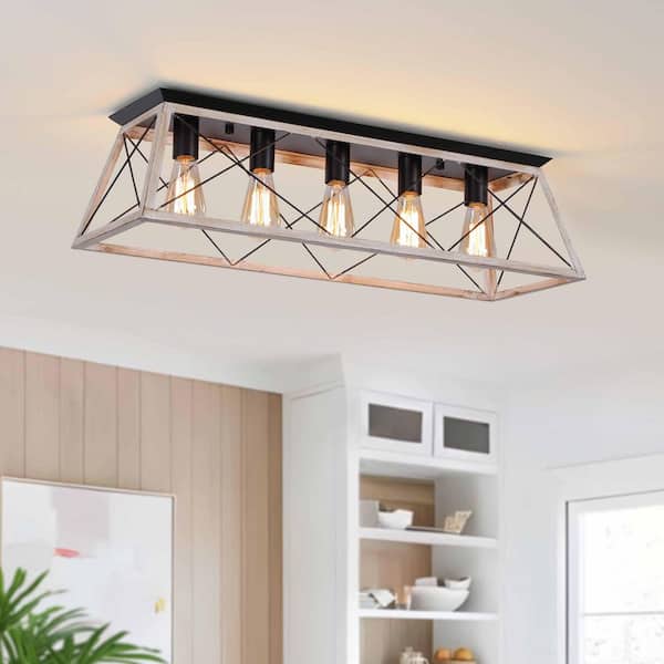 31.5 in. 5-Light Black and Wood Farmhouse Flush Mount Ceiling Light with Open Cage Frame for Kitchen or Hallway