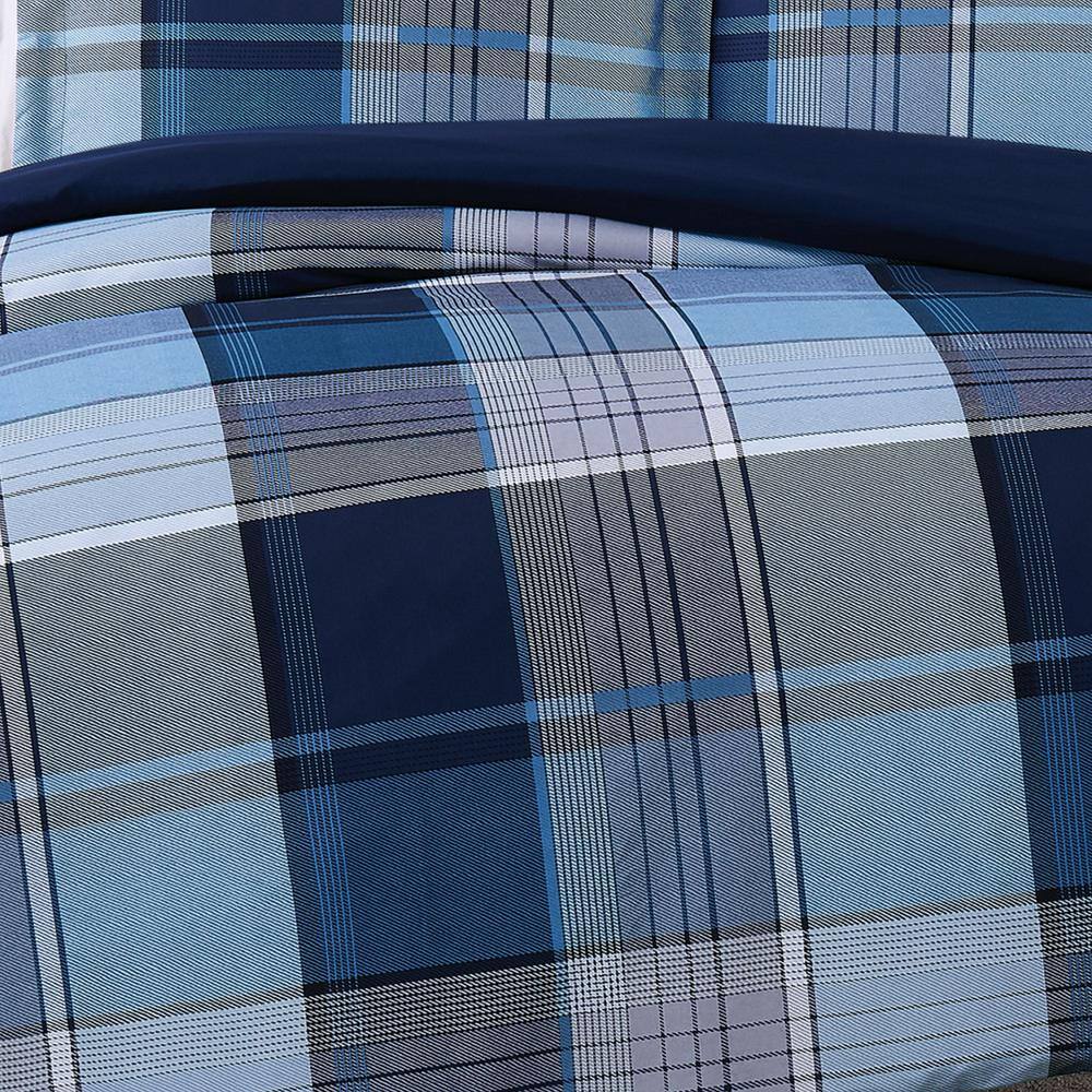 Twin XL Blue and Gray Plaid Microfiber Duvet Set