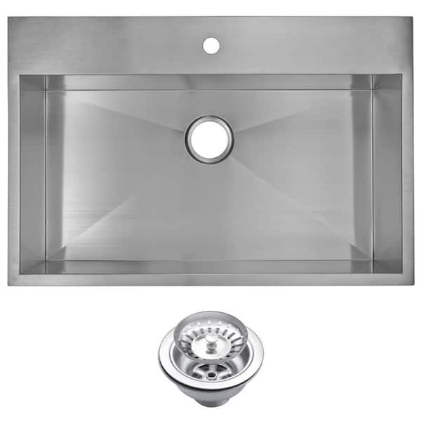 Water Creation Drop-In Stainless Steel 33 in. 1 Hole Single Bowl Kitchen Sink with Strainer in Satin