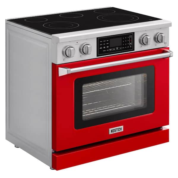 Tilt Panel 36 in. 5 Burner Elements Freestanding Electric Range with 6.2 cu. ft. Air Fry Conv. Oven in Red