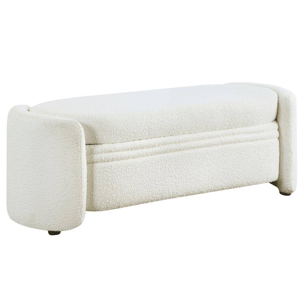 White Boucle Upholstered Storage Bench with Wood Frame