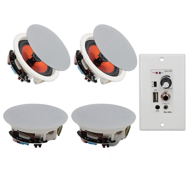 6.5 in. Bluetooth In-Wall and Ceiling 600W 2-Way Flush Mount Speakers with Wall Amp Receiver for Home, Office (2 Pairs)