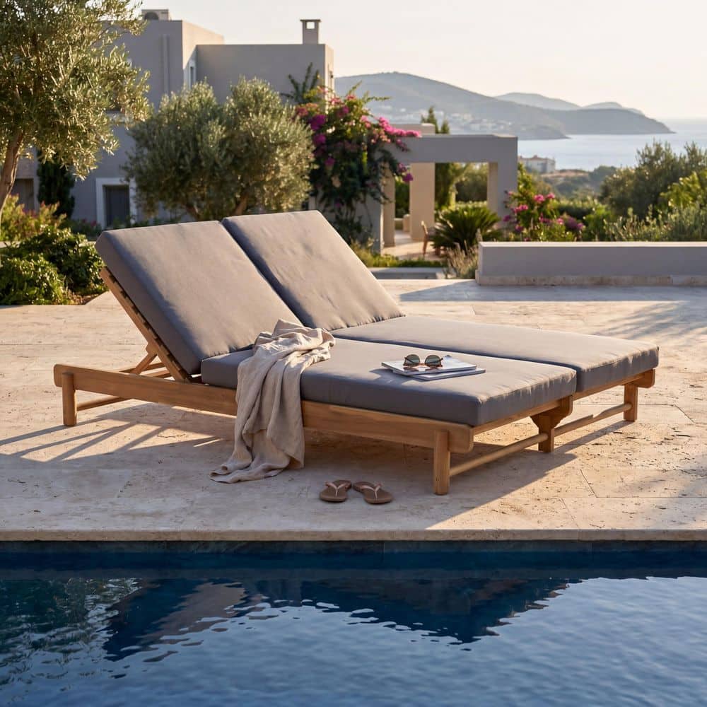 Trista Light Teak Finish Solid Wood Adjustable Patio Outdoor Double Chaise Lounges with Dark Grey Cushions price history on PriceWatchPro
