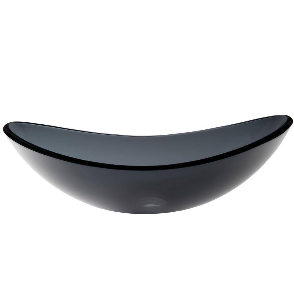 Gray Tempered Glass Oval Bathroom Vessel Sink with Drain