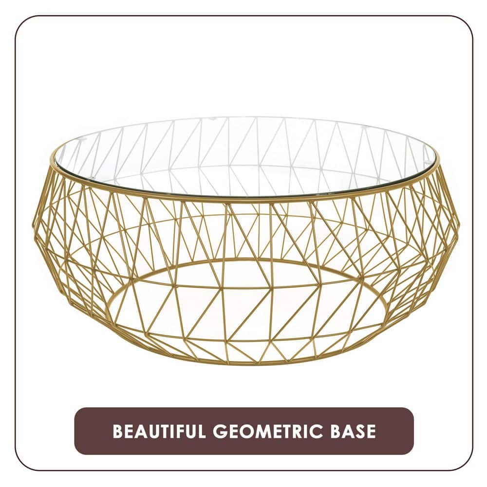 Modern Malibu 35" Round Glass Coffee Table with Geometric Gold Base