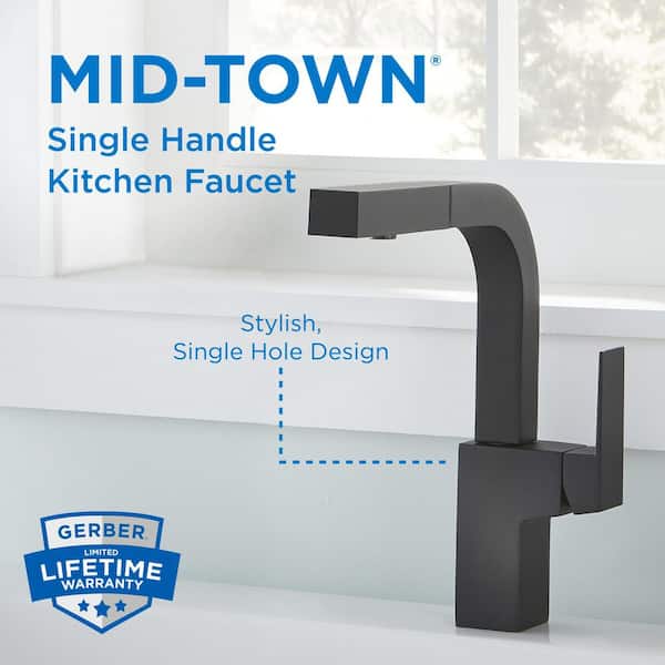 Mid-Town Satin Black 11 in. Single Handle Pull Out Sprayer Kitchen Faucet with 360-Degree Swivel