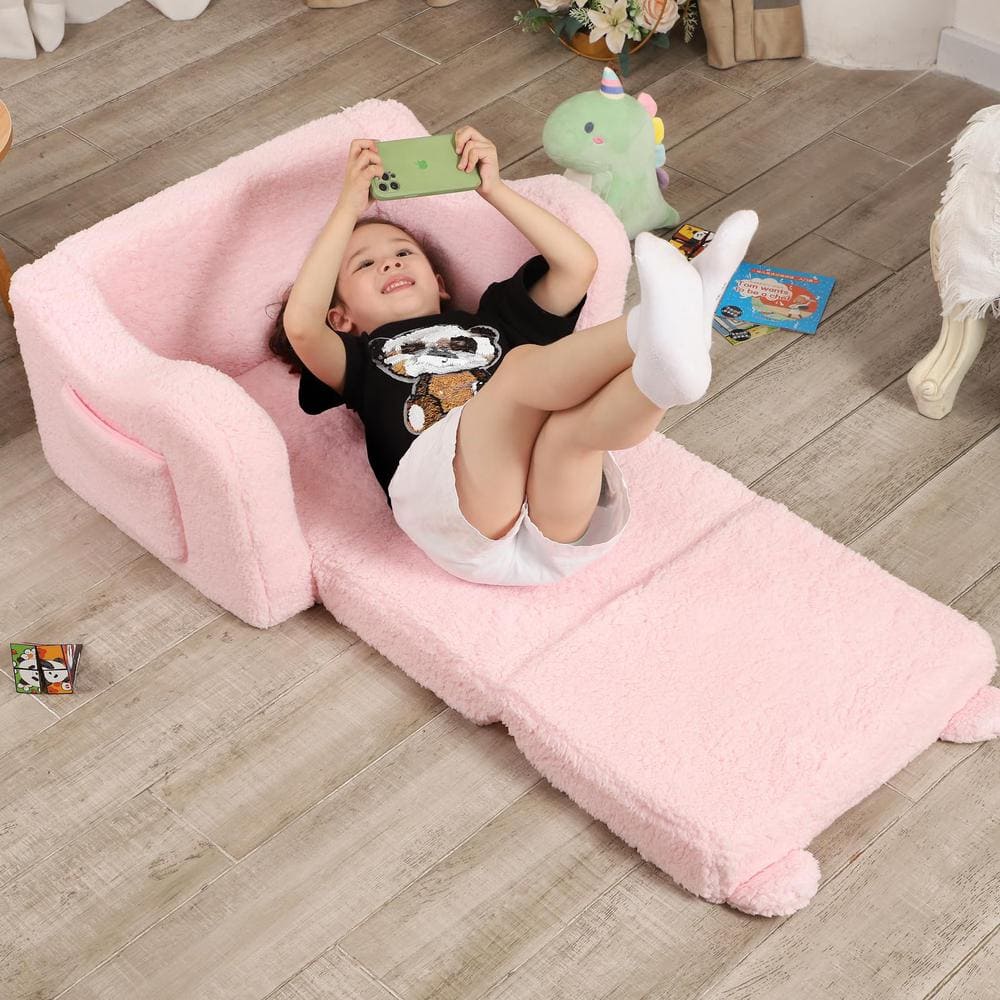 Pink Sherpa 2-in-1 Kids Folding Couch and Lounger