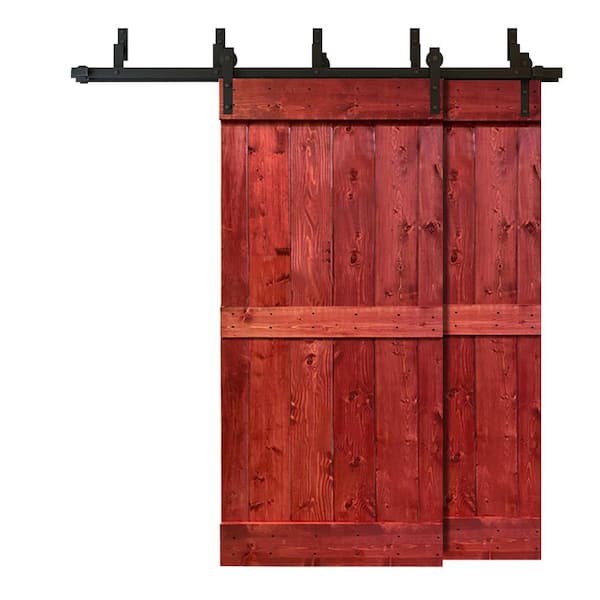 CALHOME 76 in. x 84 in. Mid-Bar Bypass Cherry Red Stained Solid Pine Wood Interior Double Sliding Barn Door with Hardware Kit
