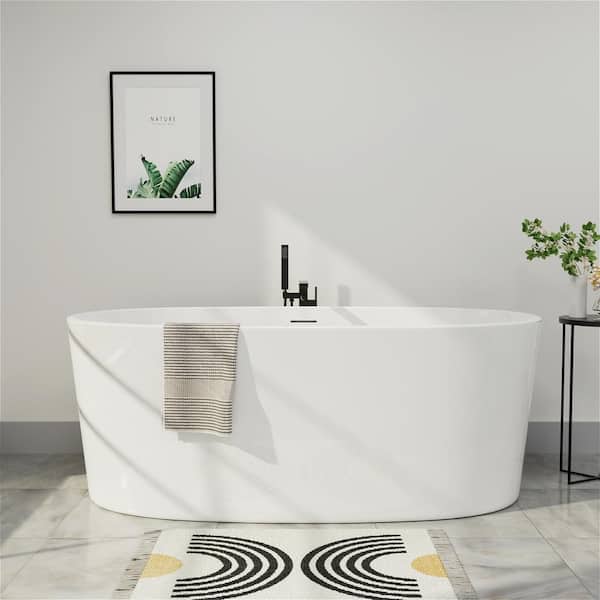 Mokleba Minimalist 67 in. H Acrylic Flatbottom Freestanding Non-Slip Bathtub Center Drain Bathtub in White