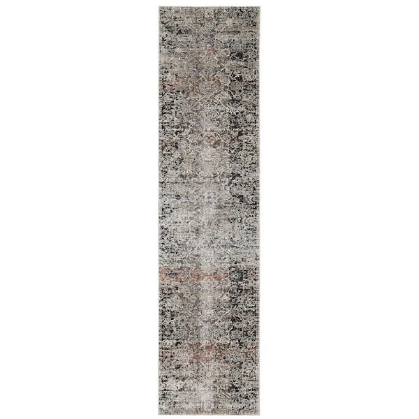3 ft. x 12 ft. Gray and Black and Red Oriental Area Rug