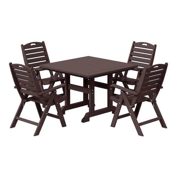 WESTIN OUTDOOR Laguna All Weather HDPE Plastic Outdoor 5-Piece Square Table Folding Highback Chairs Patio Dining Set, Dark Brown