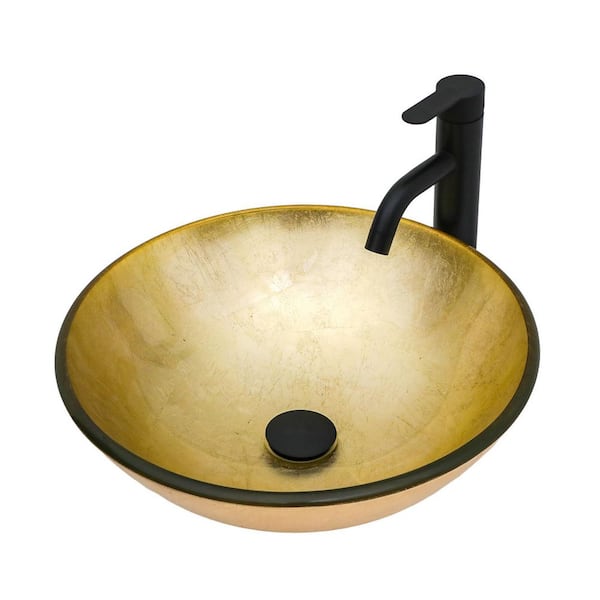 Artistic Gold-Foil Textured Tempered Glass Vessel Sink-Round Vanity Bowl with Black Faucet and Pop-Up Drain