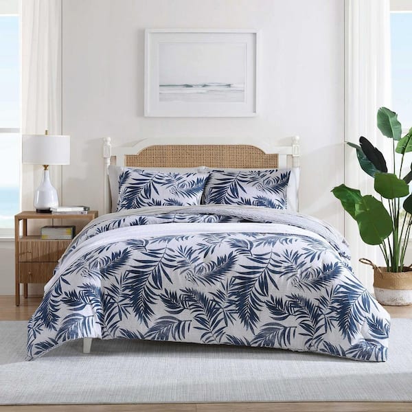 Marina Leaf 3-Piece White/Navy Cotton King Comforter Set