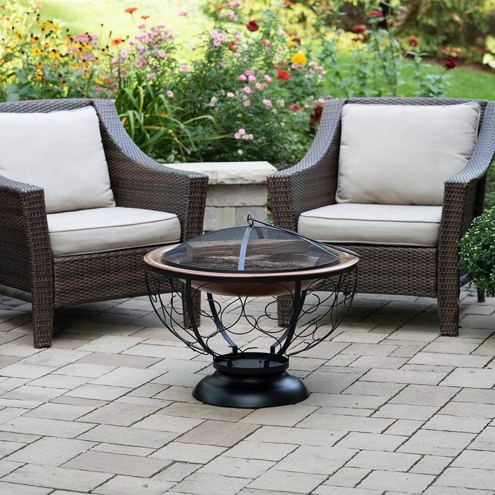 29" Black Round Steel Fire Pit with Porcelain Enamel Bowl