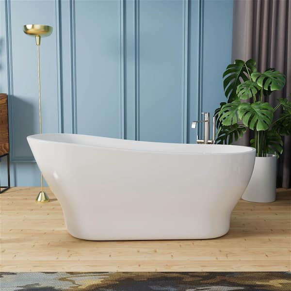 MYCASS 67 in. x 31.5 in. Acrylic Flatbottom Oval Single Slipper Freestanding Soaking Bathtub with Right Drain in White