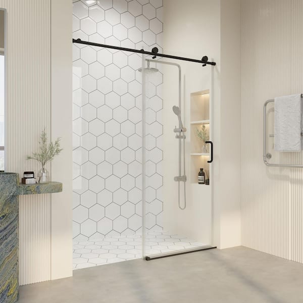 56-60 in. W x 76 in. H Single Sliding Frameless Shower Door in Matte Black Finish with 1/4 in. (6 mm) Tempered Glass