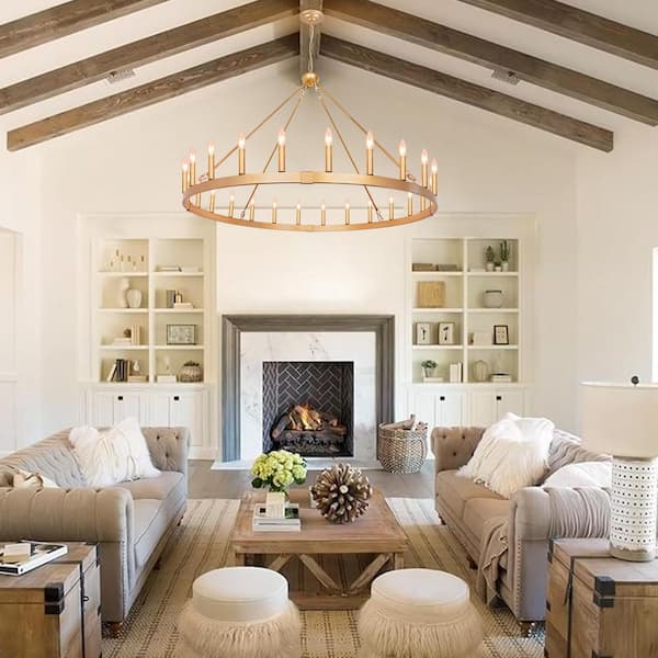 Farmhouse 48 in. 24-Light Wagon Wheel Chandelier, Extra Large gold Chandeliers for High Ceilings