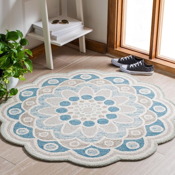 Novelty 3 ft. x 3 ft. Gray/Blue Floral Round Area Rug