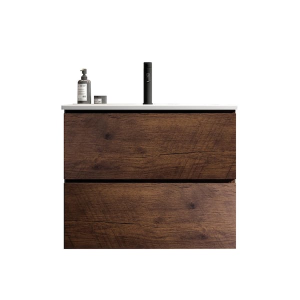 INSTER TINA 24 in. W Single Sink Wall Mount Walnut Bath Vanity with White Ceramic Top Sink with Single Hole