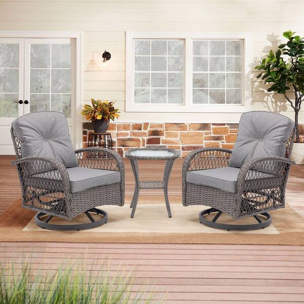 3-Piece Rattan Wicker Patio Conversation Set Outdoor Swivel Rocker Chairs Set with Gray Cushions and Glass Top Table