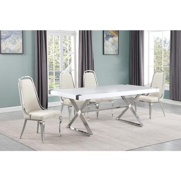 Best Quality Furniture Miguel 5-Piece Rectangle White Wood Top Silver Stainless Steel Dining Set with 4-Cream Velvet Chairs.