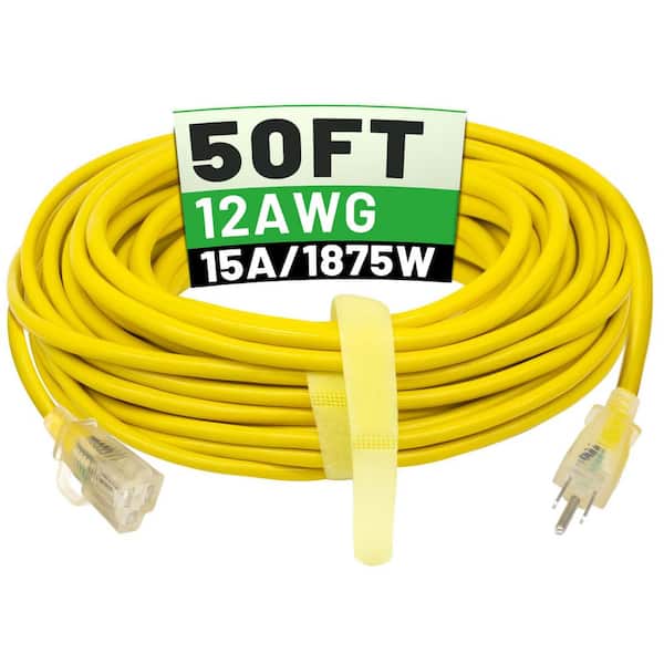 50ft 12/3 Outdoor Extension Cord Waterproof Heavy Duty w/Lighted End 12 Gauge 3 Prong,15Amp 1875W SJTW Yellow ETL Listed