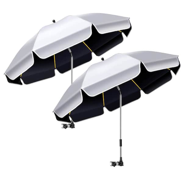 48.8 in. 360° Adjustable Beach Umbrella with Clamp Sun Shade and Clip for Outdoor Camping Beach Chair, Silver (2-Pack)