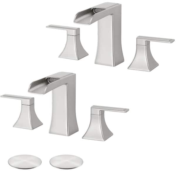 AKLFGN 8 in. Widespread Double-Handle Waterfall Bathroom Faucet with Pop-Up Drain in Brushed Nickel (2-Pack)