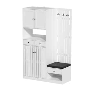 70.9 in. H x 45.3 in. W White Wooden High Coat Rack with Shoe Storage Bench, Drawers, Hutch and Cabinet
